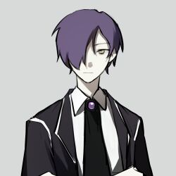 Rule 34 | 1boy, ascot, black ascot, black jacket, brooch, chinese commentary, closed mouth, collared shirt, commentary request, grey background, hair over one eye, highres, jacket, jewelry, kyoko (akakikyoko), library of ruina, male focus, open clothes, open jacket, project moon, purple brooch, purple hair, shirt, simple background, solo, white shirt, yellow eyes, yesod (project moon)