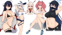 Rule 34 | 5girls, arknights, arm behind head, arm up, armpits, arms up, ayanami (azur lane), azur lane, bare arms, bare legs, bare shoulders, belt, black belt, black choker, black headwear, black pants, black shirt, blue archive, blue eyes, blue footwear, blue hair, blue shorts, blush, breasts, bremerton (azur lane), bremerton (scorching-hot training) (azur lane), choker, commentary, cowboy shot, crop top, feet out of frame, fnzz, grey hair, groin, hair between eyes, hair intakes, highres, large breasts, leggings, long hair, looking at viewer, low-tied long hair, mask, midriff, miniskirt, mouth mask, multicolored hair, multiple girls, navel, nose blush, off-shoulder shirt, off shoulder, pants, parted lips, pink eyes, pink hair, red eyes, saori (blue archive), shirt, shoes, short shorts, short sleeves, shorts, simple background, sitting, skadi (arknights), skadi (waverider) (arknights), skirt, sky, sleeveless, sleeveless shirt, sneakers, standing, stomach, streaked hair, taihou (azur lane), taihou (enraptured companion) (azur lane), thigh strap, thighs, twintails, underboob, very long hair, white background, white headwear, white shirt