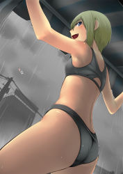 Rule 34 | 1girl, :d, armpits, ass, back, black bra, black hair, blonde hair, blue eyes, blush, bra, cloud, cloudy sky, donarudo, dutch angle, fang, flat chest, from below, highres, kon futaba, looking back, naughty face, open mouth, outstretched arms, panties, power lines, rain, short hair, sideways mouth, sky, smile, solo, soredemo machi wa mawatteiru, sports bra, spread arms, standing, transformer, underwear, underwear only, utility pole, wet