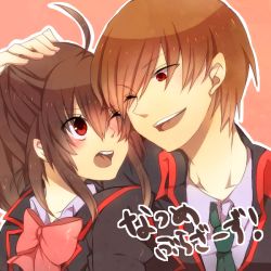 Rule 34 | 1boy, 1girl, bow, brother and sister, brown hair, juri (nattoutomato), little busters!, long hair, natsume kyousuke, natsume rin, one eye closed, pink bow, ponytail, red eyes, school uniform, short hair, siblings, wink