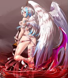 Rule 34 | 1girl, absurdres, angel wings, ass, bandages, barefoot, blood, deluxe&lt;&lt;&lt;, from behind, highres, looking at viewer, looking back, multicolored hair, naked bandage, original, planted, pointy ears, ripples, scythe, shiny skin, short hair, smile, solo, standing, standing on one leg, weapon, wings