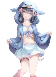 Rule 34 | 1girl, :d, absurdres, animal hood, black hair, blue hoodie, blue shirt, blue skirt, breasts, cleavage cutout, clothing cutout, collarbone, crop top, frills, grey eyes, hair ornament, hair ribbon, halterneck, heart cutout, highres, hood, hoodie, kagefumi, long hair, long sleeves, looking at viewer, medium breasts, midriff, miniskirt, navel, open clothes, open hoodie, open mouth, original, penguin hood, pleated skirt, ribbon, shirt, simple background, skirt, sleeveless, sleeveless shirt, smile, socks, solo, spaghetti strap, stomach, thigh strap, thighs, two side up, virtual youtuber, white background