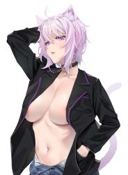 Rule 34 | 1girl, agnamore, ahoge, animal ears, arm up, black jacket, breasts, cat ears, cat tail, cleavage, collar, fang, hand in pocket, hololive, hololive gamers, jacket, large breasts, lipstick, long sleeves, makeup, nekomata okayu, no shirt, o-ring, open clothes, open jacket, open pants, pants, purple eyes, purple hair, ribs, short hair, solo, tail, unzipped, upper body, virtual youtuber