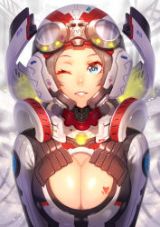 Rule 34 | 1girl, blue eyes, breasts, brown hair, cleavage, cleavage cutout, clothing cutout, goggles, goggles on head, helmet, looking at viewer, mecha, mechanical, ogino (oginogino), one eye closed, original, parted lips, robot, smile, solo