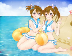 Rule 34 | 2girls, ball, beach, beachball, bikini, blush, cloud, commentary request, dated, day, flag, futami ami, futami mami, hair tie, hand on another&#039;s shoulder, highres, idolmaster, idolmaster (classic), inflatable toy, looking at viewer, matching outfits, multiple girls, nakamura (mugenlism), ocean, outdoors, sailor swimsuit (idolmaster), sand castle, sand sculpture, siblings, side ponytail, sisters, sky, smile, swimsuit, twins, v