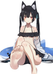Rule 34 | 1girl, absurdres, animal ears, barefoot, bikini, black hair, blue archive, cat ears, feet, foot out of frame, highres, kilabo, long hair, looking at viewer, red eyes, serika (blue archive), simple background, sitting, soles, solo, swimsuit, toes, twintails, white background