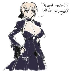 Rule 34 | 1girl, alternate breast size, artoria pendragon (all), artoria pendragon (fate), blonde hair, braid, breast expansion, breasts, bursting breasts, cleavage, cleavage cutout, clothing cutout, colorfag, colorized, crown braid, detached sleeves, dress, english text, fate/stay night, fate (series), flat color, french braid, hair ribbon, hand on own hip, huge breasts, matsu-sensei, ribbon, saber (fate), saber alter, simple background, solo, standing, white background, yellow eyes
