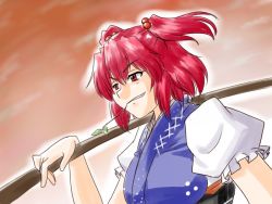 Rule 34 | 1girl, female focus, mouth hold, onozuka komachi, red eyes, red hair, short hair, solo, supon, touhou