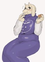 Rule 34 | 1girl, breasts, brown eyes, eating, food, furry, furry female, glasses, goat, highres, huge breasts, mature female, pie, plump, simple background, sitting, smile, solo, synecdoche, thick thighs, thighs, toriel, undertale, white background