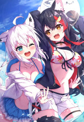 Rule 34 | 2girls, :d, ;d, absurdres, ahoge, animal ear fluff, animal ears, arms up, ball, beachball, bikini, bikini under clothes, black hair, black jacket, blue bikini, blue eyes, blue sky, blush, breasts, brown eyes, cleavage, cloud, commentary request, day, fang, fox ears, front-tie top, hair between eyes, hair ornament, hairclip, highres, holding, holding ball, hololive, hood, hood down, hooded jacket, jacket, long hair, long sleeves, masaki (msk064), medium breasts, multicolored hair, multiple girls, navel, one eye closed, ookami mio, ookami mio (hololive summer 2019), open clothes, open jacket, open mouth, outdoors, puffy long sleeves, puffy sleeves, red hair, shirakami fubuki, shirakami fubuki (hololive summer 2019), short shorts, shorts, sky, smile, streaked hair, swimsuit, transparent, very long hair, virtual youtuber, white hair, white jacket, white shorts, wolf ears