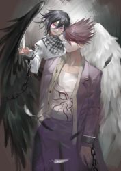 Rule 34 | 2boys, :d, absurdres, asymmetrical wings, black hair, black wings, blood, blood from mouth, brown background, brown hair, chain, checkered clothes, checkered scarf, collarbone, commentary request, cowboy shot, cuffs, danganronpa (series), danganronpa v3: killing harmony, evil smile, facial hair, feathered wings, feathers, goatee, hand in pocket, highres, jacket, long sleeves, looking at viewer, male focus, mismatched wings, momota kaito, multicolored background, multiple boys, oma kokichi, open clothes, open jacket, open mouth, open shirt, pants, pink eyes, pink jacket, pink pants, print shirt, purple eyes, qianhai, scarf, shackles, shirt, short hair, smile, straitjacket, white background, white jacket, white shirt, white wings, wings