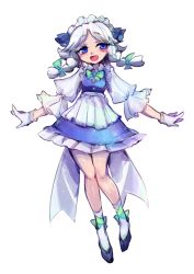 Rule 34 | 1girl, absurdres, adapted costume, ankle ribbon, apron, black footwear, blouse, blue bow, blue dress, blue eyes, blush, bow, bowtie, braid, commentary request, dress, frilled dress, frills, full body, gloves, green bow, green bowtie, green ribbon, grey hair, hair bow, highres, ifelt (tamaki zutama), izayoi sakuya, leg ribbon, long hair, maid headdress, open mouth, outstretched arms, raised eyebrows, ribbon, shirt, shoes, short sleeves, simple background, smile, socks, solo, straight-on, touhou, twin braids, waist apron, white background, white gloves, white shirt, white socks