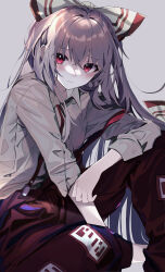 Rule 34 | 1girl, bow, closed mouth, collared shirt, commentary, elbow on knee, expressionless, fujiwara no mokou, grey background, grey hair, grey shirt, hair bow, highres, knee up, kurozu piroo, long hair, long sleeves, looking at viewer, ofuda, ofuda on clothes, pants, red bow, red eyes, red pants, shirt, simple background, sitting, solo, suspenders, touhou, very long hair, white bow