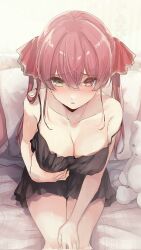 Rule 34 | 1girl, black nightgown, blush, breasts, cleavage, collarbone, dress, gown, hair ribbon, hand on leg, highres, hololive, houshou marine, kuratarou0011, large breasts, light blush, long hair, nightgown, parted lips, pillow, pink hair, red ribbon, ribbon, sitting, solo, stuffed animal, stuffed toy, teddy bear, thighs, twintails, virtual youtuber