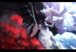 Rule 34 | 10s, 2girls, akemi homura, akuma homura, bad id, bad pixiv id, bare back, bare shoulders, black gloves, black hair, black wings, bow, closed eyes, dress, earth (planet), elbow gloves, feathered wings, flower, gloves, hair bow, kaname madoka, letterboxed, long hair, mahou shoujo madoka magica, mahou shoujo madoka magica: hangyaku no monogatari, multiple girls, pink hair, planet, smile, spider lily, spoilers, thighhighs, two side up, ultimate madoka, white gloves, wings, yuri, zettai ryouiki, zpm