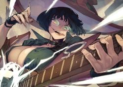 Rule 34 | :p, black choker, black gloves, black hair, black shirt, breasts, choker, cleavage, commentary request, electric guitar, fingerless gloves, glasses, gloves, green-tinted eyewear, green-tinted glasses, green eyes, guilty gear, guilty gear strive, guitar, hat, heterochromia, highres, hyocorou, i-no, instrument, large breasts, looking at viewer, mole, red hat, shirt, short hair, solo, sunglasses, teeth, tinted eyewear, tongue, tongue out, upper body