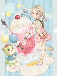 Rule 34 | 1girl, absurdres, bag, balloon, blush stickers, braid, brown hair, calf socks, cherry, daisy, drink, floral print, flower, food, food-themed hair ornament, fruit, hacosumi, hair ornament, hairclip, hand up, highres, ice cream, ice cream float, layered skirt, looking at viewer, mary janes, medium hair, original, oversized food, oversized object, parted bangs, parted lips, pink eyes, puffy short sleeves, puffy sleeves, shoes, short sleeves, shoulder bag, skirt, soda, solo, spoon, standing, standing on one leg, strawberry hair ornament, stuffed animal, stuffed penguin, stuffed toy, suspender skirt, suspenders, teddy bear, twin braids
