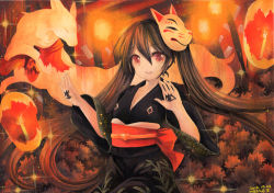 Rule 34 | 1girl, acrylic paint (medium), alternate eye color, alternate hair color, animal, black hair, breasts, candle, cleavage, dated, fox, fox mask, hands up, hatsune miku, japanese clothes, kimono, lantern, light particles, looking at viewer, mask, mask on head, mosho, musunde hiraite rasetsu to mukuro (vocaloid), open mouth, painting (medium), paper lantern, red eyes, signature, small breasts, smile, spirit, traditional media, twintails, vocaloid, yukata