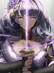 Rule 34 | 1girl, bare shoulders, braid, breasts, bridal gauntlets, cleavage, detached collar, genshin impact, hair ornament, highres, japanese clothes, katana, kimono, large breasts, lightning, long hair, long sleeves, looking at viewer, low-braided long hair, low-tied long hair, off shoulder, purple eyes, purple hair, purple kimono, raiden shogun, silence girl, solo, sword, thighs, weapon, wide sleeves