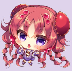 Rule 34 | 1girl, big head, blush, chestnut mouth, chibi, commentary request, hair between eyes, hair ornament, long hair, looking at viewer, open mouth, original, parted bangs, purple background, purple eyes, red hair, simple background, solo, spikes, suzunone rena, traptrix atypus, very long hair