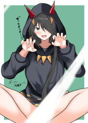 Rule 34 | 1girl, abataa, absurdres, asymmetrical hair, black hair, black hoodie, commentary request, cone horns, convenient censoring, curled fingers, green eyes, highres, hood, hooded dress, hoodie, horns, indian style, kako (kancolle), kantai collection, light censor, long hair, official alternate costume, sitting, solo