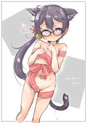 Rule 34 | 1girl, akebono (kancolle), animal ears, artist name, bell, bespectacled, black-framed eyewear, cat ears, cat tail, dated, feet out of frame, flat chest, flower, fyuo, glasses, grey hair, hair bell, hair flower, hair ornament, hair ribbon, highres, jingle bell, kantai collection, long hair, naked ribbon, purple eyes, ribbon, side ponytail, solo, standing, tail, two-tone background, very long hair, white background