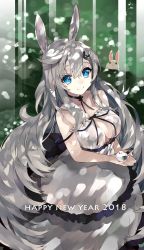 Rule 34 | 1girl, 2018, absurdres, animal, animal ears, bare legs, bare shoulders, bird, black choker, blue eyes, breasts, choker, cleavage, closed mouth, collarbone, commentary request, dress, hair between eyes, hair ornament, happy new year, highres, holding, holding animal, holding bird, kou mashiro, large breasts, long hair, looking at viewer, new year, original, rabbit, rabbit ears, rabbit hair ornament, silver hair, sleeveless, sleeveless dress, smile, solo, strap slip, very long hair, white dress