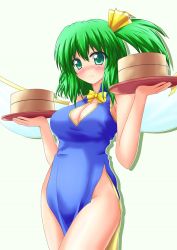 Rule 34 | 1girl, alternate costume, bamboo steamer, blue dress, blush, bow, breasts, china dress, chinese clothes, cleavage, daiyousei, dress, fairy wings, female focus, green eyes, green hair, hair ribbon, large breasts, looking at viewer, matching hair/eyes, no panties, ribbon, side ponytail, side slit, sleeveless, sleeveless dress, solo, touhou, tray, wavy mouth, wings, yakumo nanahara