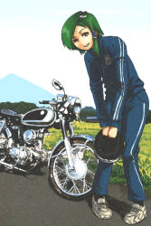 Rule 34 | 1girl, alternate costume, contemporary, female focus, full body, kochiya sanae, motor vehicle, motorcycle, outdoors, pe-tan, plant, sky, solo, standing, touhou, track suit, vehicle