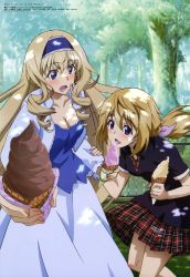 Rule 34 | 10s, 2girls, absurdres, blonde hair, blue eyes, blush, breasts, casual, cecilia alcott, charlotte dunois, cleavage, dress, drill hair, female focus, food, foreshortening, forest, hairband, highres, holding food, holding ice cream, ice cream, ice cream cone, infinite stratos, kawasaki aika, licking, long hair, megami magazine, multiple girls, nature, official art, open mouth, plaid, plaid skirt, ponytail, purple eyes, short hair, skirt, tongue, tree, tree shade