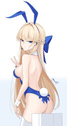 Rule 34 | 1girl, animal ears, ass, back, backless leotard, bare arms, bare back, bare shoulders, blonde hair, blue archive, blue eyes, blue hairband, blue leotard, blue nails, bow, braid, breasts, closed mouth, detached collar, earpiece, expressionless, fake animal ears, fake tail, from behind, hair bow, hairband, highleg, highleg leotard, highres, leotard, looking back, medium breasts, multicolored hair, nail polish, no halo, official alternate costume, playboy bunny, rabbit ears, rabbit tail, simple background, solo, strapless, strapless leotard, streaked hair, tail, thighhighs, thighs, toki (blue archive), toki (bunny) (blue archive), unel, v, white background, white thighhighs, wrist cuffs