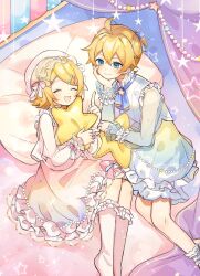 Rule 34 | 1boy, 1girl, blonde hair, blue bow, blue dress, blue eyes, bow, closed eyes, dress, hair bow, head rest, highres, kagamine len, kagamine rin, looking at another, lying, on side, pillow, pink bow, pink dress, sazanami (ripple1996), short hair, short ponytail, star (symbol), stuffed star, stuffed toy, vocaloid