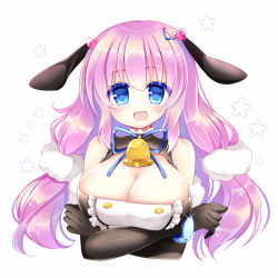 Rule 34 | 1girl, :d, animal ears, arms under breasts, azur lane, bell, black dress, black gloves, blue eyes, blue ribbon, breasts, cleavage, cleavage cutout, clothing cutout, cropped torso, crossed arms, dress, elbow gloves, gloves, hair between eyes, hair ornament, heart, heart hair ornament, large breasts, long hair, neck ribbon, open mouth, pink hair, rabbit ears, ribbon, shikito (yawa0w0), simple background, sleeveless, sleeveless dress, smile, solo, star (symbol), starry background, suffolk (azur lane), upper body, white background