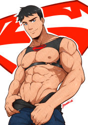 Rule 34 | 1boy, abs, absurdres, bara, black hair, black shirt, blue eyes, blue pants, closed mouth, dc comics, highres, kon-el, kuroshinki, large pectorals, looking at viewer, male focus, muscular, muscular male, navel, nipples, pants, pectorals, shirt, unworn shirt, short hair, smile, solo, superboy, veins, veiny arms, young justice