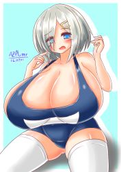 Rule 34 | 10s, 1girl, alternate breast size, ayazumi flutter, blue eyes, blue one-piece swimsuit, blush, breasts, cleavage, collarbone, female focus, gigantic breasts, hair ornament, hair over one eye, hairclip, hamakaze (kancolle), kantai collection, one-piece swimsuit, open mouth, plump, school swimsuit, short hair, sideboob, silver hair, simple background, sitting, solo, swimsuit, thighhighs, white thighhighs