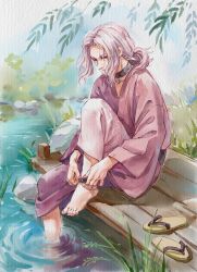 Rule 34 | 1boy, anklet, artist name, barefoot, chinese commentary, collar, commentary, day, english commentary, foot out of frame, from side, grass, hair over one eye, half-closed eyes, highres, japanese clothes, jewelry, kimono, knee up, leaf, long sleeves, looking down, male focus, medium hair, mixed-language commentary, murakumo gou, nail polish, obi, on floor, outdoors, parted bangs, pendant, pier, pink hair, pink kimono, pink nails, pond, ponytail, ripples, sandals, sash, shoes, sitting, soaking feet, solo, spiked collar, spikes, toenail polish, toenails, touken ranbu, traditional media, unworn footwear, unworn shoes, vdmaler, water, zouri