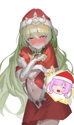 Rule 34 | 2girls, :d, ^ ^, anger vein, blush, capelet, character request, check character, chibi, chibi inset, closed eyes, closed mouth, commentary request, crossed arms, elbow gloves, elysia (honkai impact), gloves, green hair, hair between eyes, hands up, hat, heart, heart in mouth, highres, honkai (series), honkai impact 3rd, johnny-chan, long hair, looking at viewer, mobius (honkai impact), multiple girls, navel, nose blush, notice lines, open mouth, outline, pleated skirt, red capelet, red skirt, santa costume, santa hat, simple background, skirt, smile, very long hair, white background, white gloves, white outline