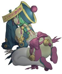 Rule 34 | 1girl, all fours, arched back, ass, bell, blush, bow, colored skin, green hair, green skin, hat, highres, jewelry, jiangshi, jingle bell, original, poch4n, pointy ears, qingdai guanmao, skeletal hand, solo, talisman, thighhighs