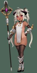 Rule 34 | absurdres, alternate breast size, animal ears, areola slip, arm armor, armored boots, black thighhighs, boots, bottomless, breasts, collar, dark-skinned female, dark skin, demon girl, demon horns, elbow gloves, fang, full body, gloves, goat alter (narane), goat ears, goat girl, goat horns, green background, grey hair, grimgrim, hair between eyes, hand on own hip, highres, holding, holding staff, horns, long hair, looking at viewer, naked tabard, one-piece tan, open mouth, original, red eyes, shortstack, skin fang, small breasts, solo, staff, standing, symbol-shaped pupils, tabard, tan, tanline, thighhighs, twintails