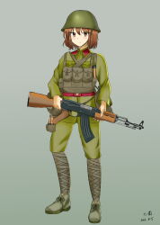 Rule 34 | 1girl, 2022, 7kin, absurdres, ak-47, assault rifle, bandaged leg, bandages, brown eyes, brown hair, closed mouth, collared shirt, combat helmet, dated, fanny pack, full body, gradient background, green footwear, green pants, green shirt, gun, helmet, highres, holding, holding gun, holding weapon, kalashnikov rifle, light frown, long sleeves, looking at viewer, military, military uniform, original, pants, people&#039;s liberation army, pocket, rifle, shirt, shoes, short hair, signature, solo, standing, uniform, weapon