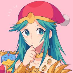 Rule 34 | 1girl, chain, closed eyes, collarbone, commission, diadem, gold chain, green eyes, green hair, hand on own chin, headwear switch, highres, kid icarus, kid icarus uprising, king dedede, kirby (series), nintendo, palutena, pom pom (clothes), simple background, super smash bros., sweat, yasaikakiage