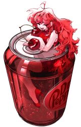 Rule 34 | 1girl, absurdres, breasts, can, cherry, closed eyes, colored skin, dr pepper, food, friday night funkin&#039;, fruit, girlfriend (friday night funkin&#039;), highres, large breasts, long hair, ohyaholla, open mouth, pink skin, red hair, red theme, smile