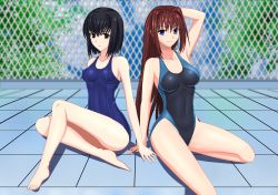 Rule 34 | 2girls, aozaki aoko, armpits, bare shoulders, black eyes, black hair, blue eyes, blush, breasts, brown hair, competition swimsuit, day, kuonji alice, long hair, looking at viewer, mahou tsukai no yoru, multiple girls, northman, one-piece swimsuit, outdoors, school swimsuit, sitting, smile, swimsuit