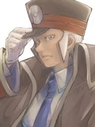 Rule 34 | 1boy, black coat, black hat, blue necktie, closed mouth, coat, collared shirt, commentary request, creatures (company), dress shirt, fujinezu, game freak, gloves, grey eyes, grey hair, hand on headwear, hat, high collar, highres, ingo (pokemon), long sideburns, long sleeves, male focus, necktie, nintendo, peaked cap, pokemon, pokemon bw, shirt, short hair, sideburns, solo, trench coat, upper body, white gloves, white shirt