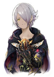 Rule 34 | androgynous, black gloves, cape, earrings, frown, gauntlets, gender request, gloves, grey hair, hair over one eye, jewelry, little noah, looking at viewer, pomeroxu, upper body, white background, yellow eyes