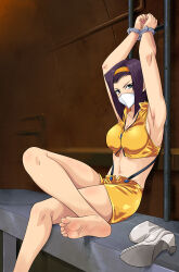 Rule 34 | 1girl, absurdres, armpits, barefoot, bdsm, blue eyes, bondage, bound, bound wrists, breasts, cleavage, cloth gag, collarbone, cowboy bebop, crop top, faye valentine, gag, gagged, headband, highres, improvised gag, legs, looking at viewer, lost one zero, medium breasts, midriff, navel, over the nose gag, purple hair, shoes, unworn shoes, shorts, solo, thighs, wrist cuffs