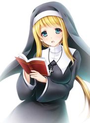 Rule 34 | 1girl, :o, artist request, blonde hair, blush, book, breasts, cross, dress, green eyes, long hair, looking at viewer, medium breasts, necklace, nun, open mouth, veil, white background