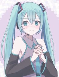 Rule 34 | 1girl, blue eyes, blue hair, collared shirt, commentary, detached sleeves, hair ornament, hatsune miku, headphones, headset, highres, long sleeves, mn (pumpki2), nail polish, necktie, own hands clasped, own hands together, shirt, sleeveless, sleeveless shirt, smile, solo, twintails, upper body, vocaloid