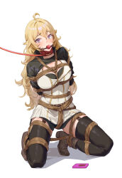 Rule 34 | 1girl, ahoge, arms behind back, artist request, ball gag, bdsm, black thighhighs, blonde hair, blue eyes, blush, bondage, bound, bound legs, breasts, check artist, cleavage, collar, commission, crotch rope, gag, gagged, garter straps, highres, large breasts, leash, long hair, qingjiao rou si, restrained, rope, rwby, shibari, shibari over clothes, solo, thighhighs, yang xiao long