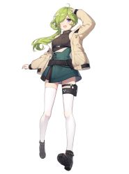 Rule 34 | 1girl, :d, ahoge, arm up, bare shoulders, belt, belt pouch, black footwear, black sweater, breasts, brown jacket, dress, full body, girl cafe gun, green hair, hair over one eye, highres, iritoa, jacket, leg belt, long hair, long sleeves, looking at viewer, nie shirou (girl cafe gun), off shoulder, official art, open clothes, open jacket, open mouth, pouch, purple eyes, ribbed sweater, shoes, sleeveless, sleeveless turtleneck, small breasts, smile, solo, sweater, sweater dress, thighhighs, transparent background, turtleneck, v-shaped eyebrows, white thighhighs, zettai ryouiki